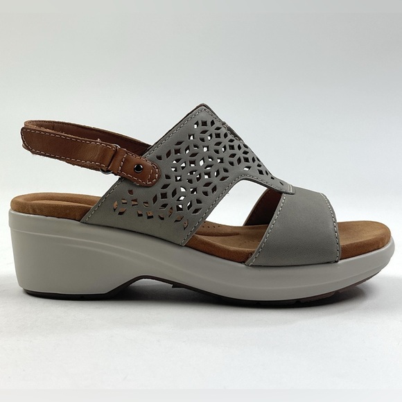 Clarks Shoes - Clarks Tuleah Sun Stone Gray Leather Womens Wedge Sandals Slingback 26177386